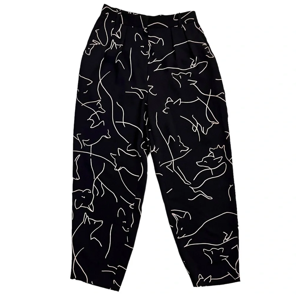 Babaton Pants Fox Print Sz 2 Black Tan Classic Baggy Fit Tapered Leg Aritzia - Picture 2 of 16